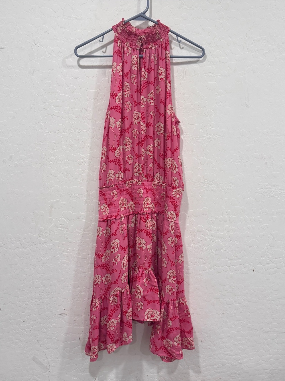 A.L.C. Cody Silk Pink Floral Midi Dress Womens 8 Smocked Waist Halter Ruffle Hem